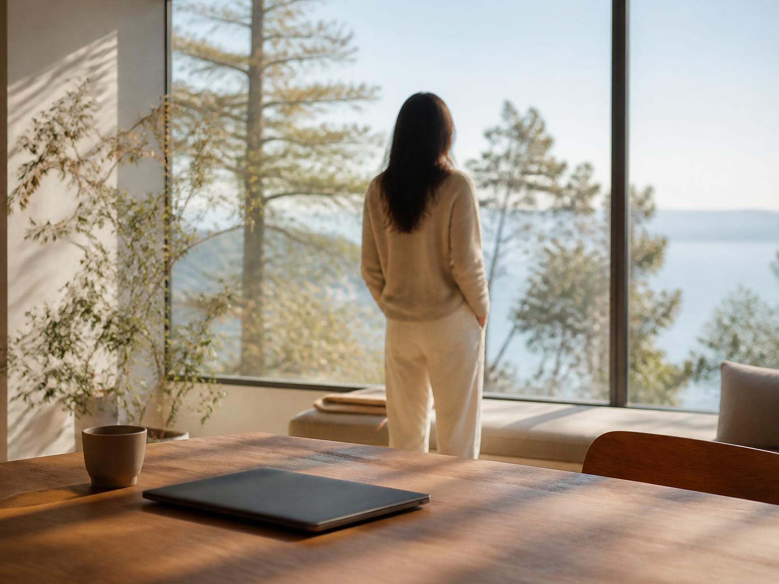 A calm, sunlit room with a closed laptop and someone looking out toward the trees
